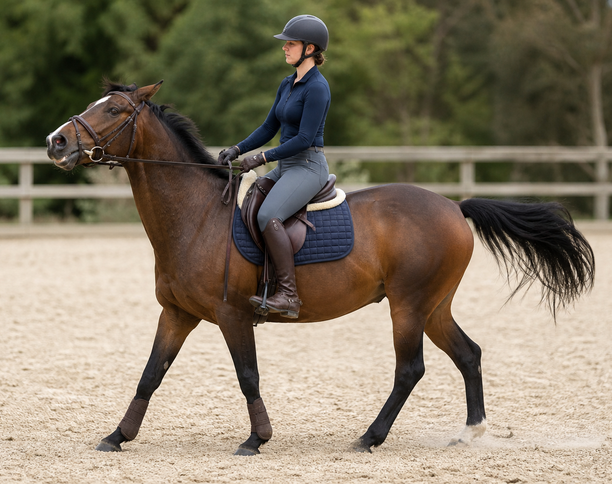 Pferd schlägt beim Reiten mit dem Schweif