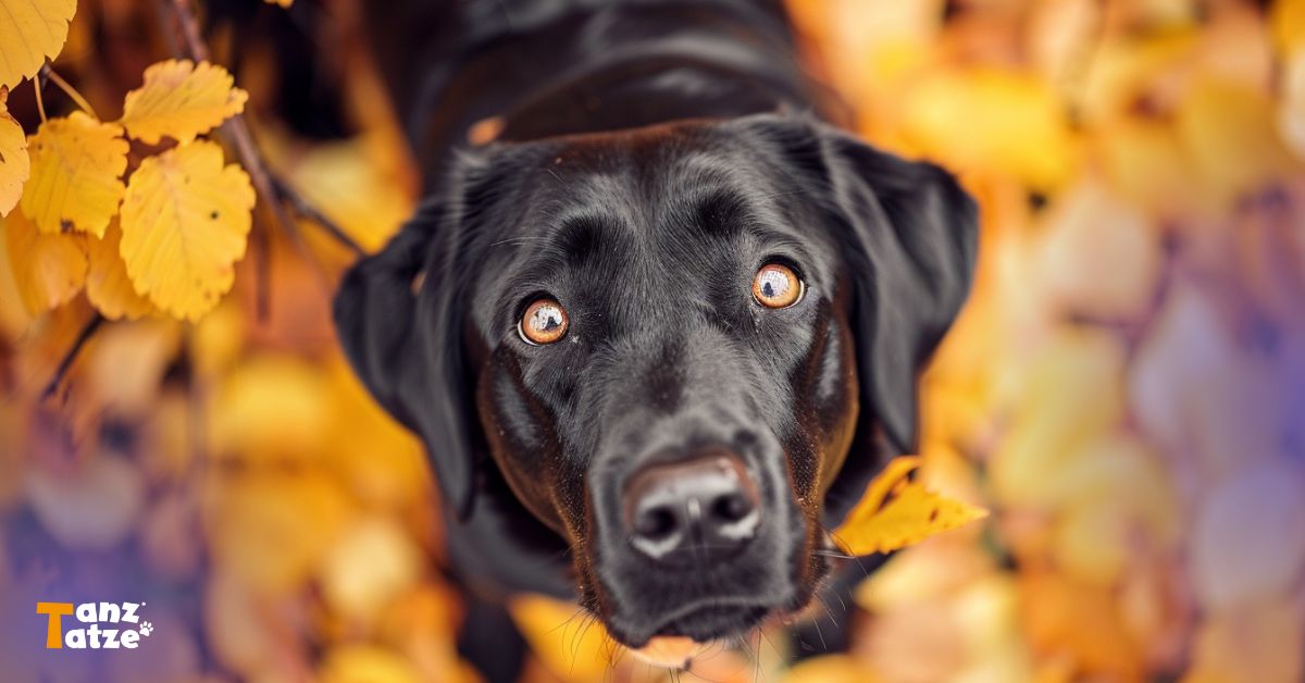 Ein schwarzer Labrador steckt neugierig in einem großen Haufen aus goldgelben Herbstblättern. Laubhaufen Hund Gefahr. aktivkollagen Logo Tanztatze