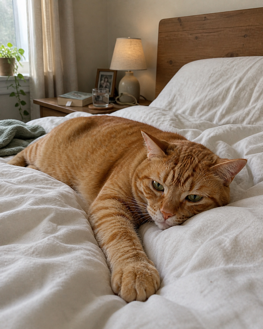 Katze liegt auf dem Bett