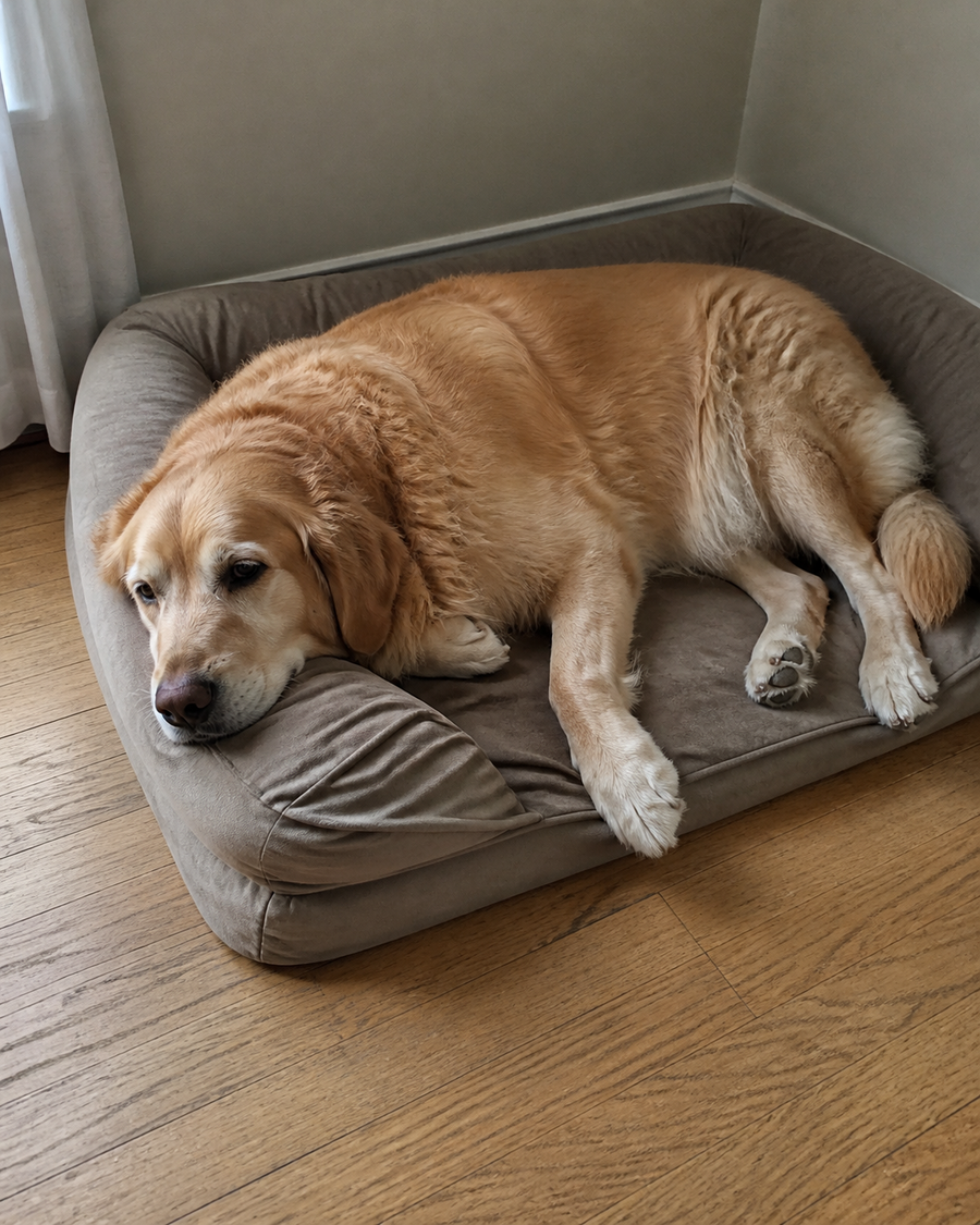 Hund liegt müde im Körbchen