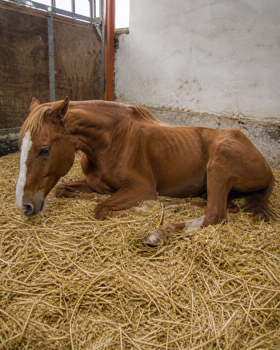 Pferd liegt im Stroh